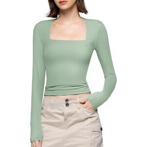 Women's Sage Square Neck Long Sleeve T Shirts Slim Fit Tops Collection